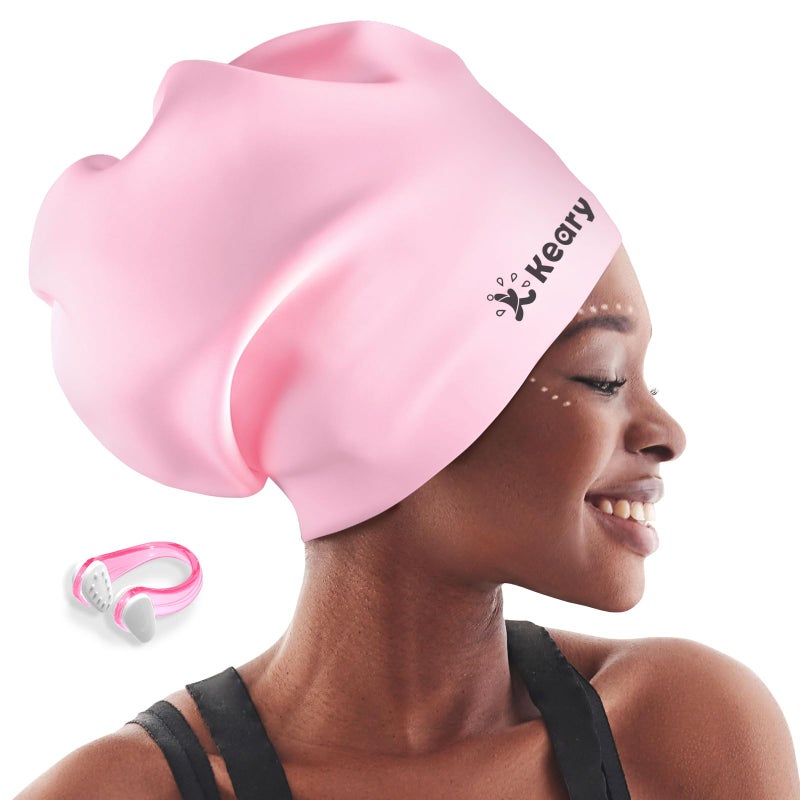 Keary Extra Large Swim Cap for Braids and Dreadlocks Afro Hair Extensions Weave Long Hair  Waterproof Silicone Cover Ear Bath Pool Shower Swimming Cap for Women Men Youth Kids Girl   Pink  One size - Image 1